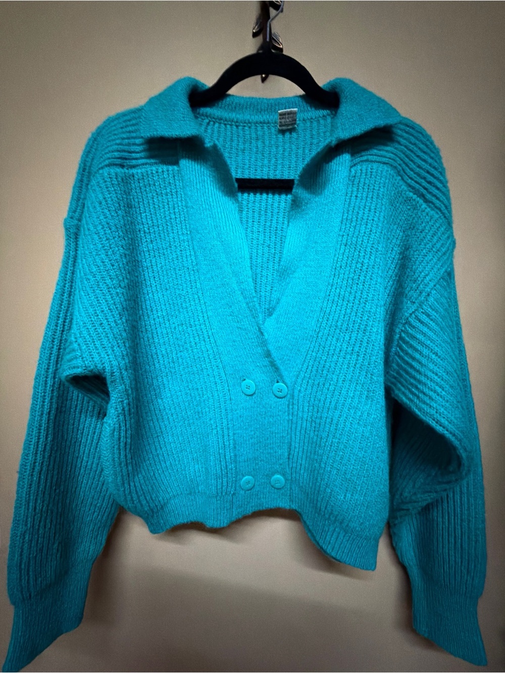 Vintage Cropped Turquoise Button-Front Knit Cardigan
